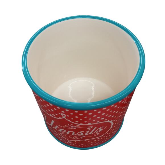 Pioneer Woman Red Polka Dot Utensils Crock With Teal Trim Farmhouse Country - Picture 3 of 4